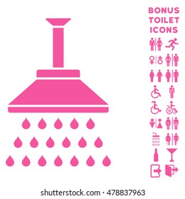 Shower icon and bonus man and woman WC symbols. Vector illustration style is flat iconic symbols, pink color, white background.