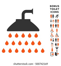 Shower icon and bonus man and woman restroom symbols. Vector illustration style is flat iconic bicolor symbols, orange and gray colors, white background.