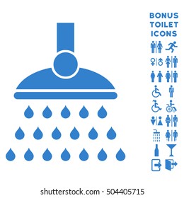 Shower icon and bonus man and woman restroom symbols. Vector illustration style is flat iconic symbols, cobalt color, white background.