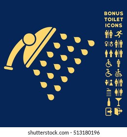 Shower icon and bonus man and woman lavatory symbols. Vector illustration style is flat iconic symbols, yellow color, blue background.