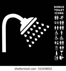 Shower icon and bonus man and woman lavatory symbols. Vector illustration style is flat iconic symbols, white color, black background.