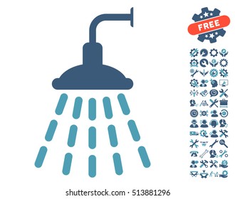 Shower icon with bonus options design elements. Vector illustration style is flat iconic cyan and blue symbols on white background.