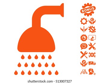 Shower icon with bonus options graphic icons. Vector illustration style is flat iconic orange symbols on white background.