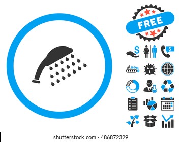 Shower icon with bonus pictogram. Vector illustration style is flat iconic bicolor symbols, blue and gray colors, white background.