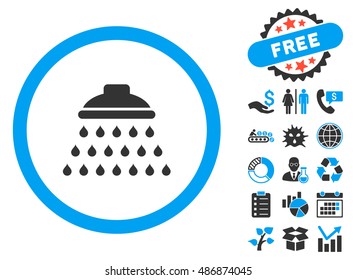 Shower icon with bonus pictogram. Vector illustration style is flat iconic bicolor symbols, blue and gray colors, white background.