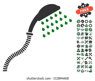 Shower icon with bonus service design elements. Vector illustration style is flat iconic green and gray symbols on white background.