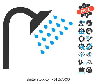 Shower icon with bonus service icon set. Vector illustration style is flat iconic blue and gray symbols on white background.