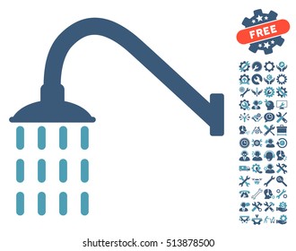 Shower icon with bonus settings graphic icons. Vector illustration style is flat iconic cyan and blue symbols on white background.
