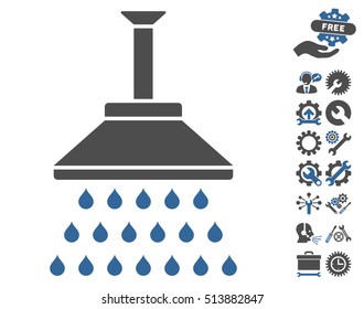 Shower icon with bonus settings graphic icons. Vector illustration style is flat iconic cobalt and gray symbols on white background.