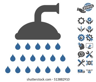 Shower icon with bonus settings graphic icons. Vector illustration style is flat iconic cobalt and gray symbols on white background.
