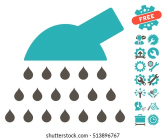 Shower icon with bonus settings graphic icons. Vector illustration style is flat iconic grey and cyan symbols on white background.