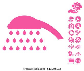 Shower icon with bonus setup tools design elements. Vector illustration style is flat iconic pink symbols on white background.