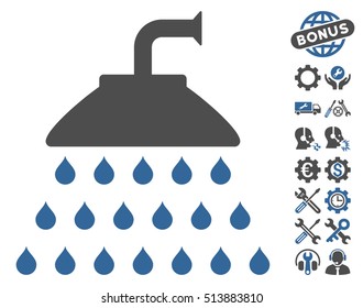 Shower icon with bonus setup tools icon set. Vector illustration style is flat iconic cobalt and gray symbols on white background.