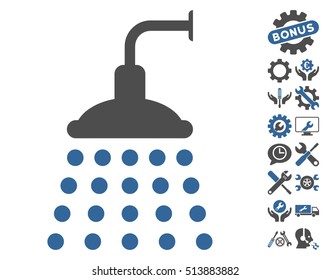 Shower icon with bonus setup tools graphic icons. Vector illustration style is flat iconic cobalt and gray symbols on white background.