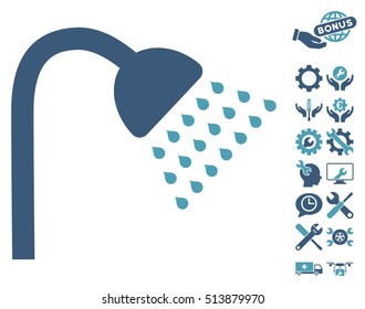 Shower icon with bonus tools clip art. Vector illustration style is flat iconic cyan and blue symbols on white background.