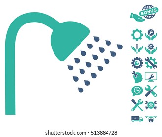 Shower icon with bonus tools clip art. Vector illustration style is flat iconic cobalt and cyan symbols on white background.