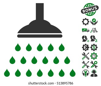Shower icon with bonus tools clip art. Vector illustration style is flat iconic green and gray symbols on white background.
