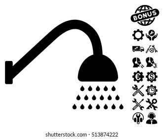 Shower icon with bonus tools design elements. Vector illustration style is flat iconic black symbols on white background.