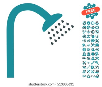Shower icon with bonus tools design elements. Vector illustration style is flat iconic soft blue symbols on white background.