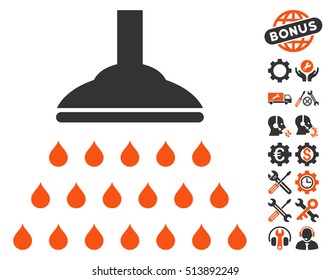 Shower icon with bonus tools graphic icons. Vector illustration style is flat iconic orange and gray symbols on white background.