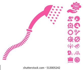 Shower icon with bonus tools images. Vector illustration style is flat iconic pink symbols on white background.
