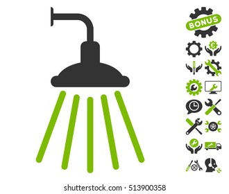 Shower icon with bonus tools icon set. Vector illustration style is flat iconic eco green and gray symbols on white background.
