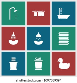 Shower icon. collection of 9 shower filled icons such as duck, towels. editable shower icons for web and mobile.