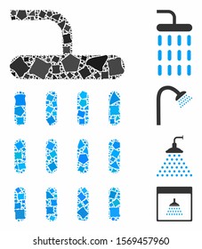 Shower icon composition of joggly pieces in different sizes and color tones, based on shower icon. Vector joggly parts are grouped into mosaic. Shower icons collage with dotted pattern.