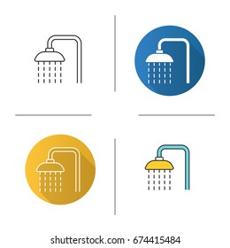 Shower icon. Flat design, linear and color styles. Shower faucet with flowing water. Isolated vector illustrations