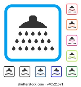 Shower icon. Flat gray iconic symbol inside a light blue rounded squared frame. Black, gray, green, blue, red, orange color additional versions of Shower vector. Designed for web and app UI.