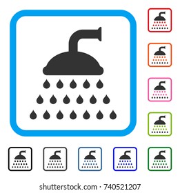 Shower icon. Flat gray pictogram symbol in a light blue rounded rectangular frame. Black, gray, green, blue, red, orange color additional versions of Shower vector.