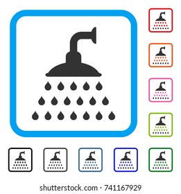 Shower icon. Flat gray pictogram symbol inside a light blue rounded squared frame. Black, gray, green, blue, red, orange color versions of Shower vector. Designed for web and software user interface.