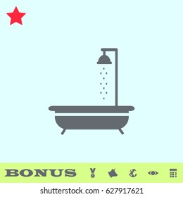 Shower icon flat. Grey pictogram on blue background. Vector illustration symbol and bonus buttons medal, cow, earth, eye, calculator
