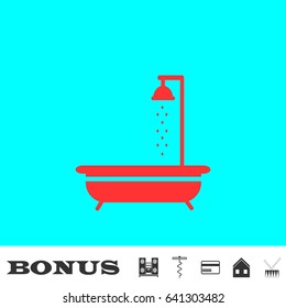 Shower icon flat. Red pictogram on blue background. Vector illustration symbol and bonus buttons Music center, corkscrew, credit card, house, drum