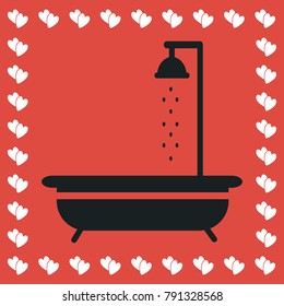 Shower icon flat. Simple black pictogram on red background with white hearts for valentines day. Vector illustration symbol
