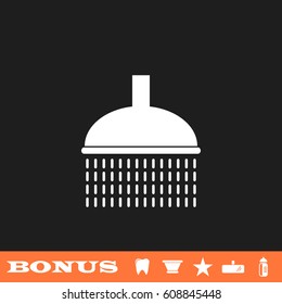 Shower icon flat. White pictogram on black background. Vector illustration symbol and bonus button tooth, vase, star, mirror, bottle