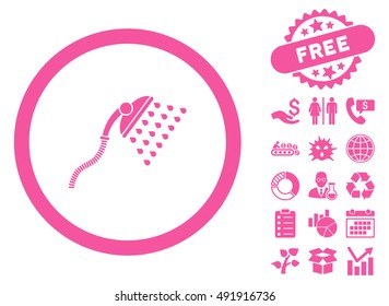 Shower icon with free bonus clip art. Vector illustration style is flat iconic symbols, pink color, white background.