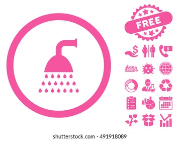 Shower icon with free bonus clip art. Vector illustration style is flat iconic symbols, pink color, white background.