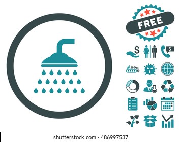 Shower icon with free bonus design elements. Vector illustration style is flat iconic bicolor symbols, soft blue colors, white background.