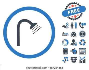 Shower icon with free bonus design elements. Vector illustration style is flat iconic bicolor symbols, smooth blue colors, white background.
