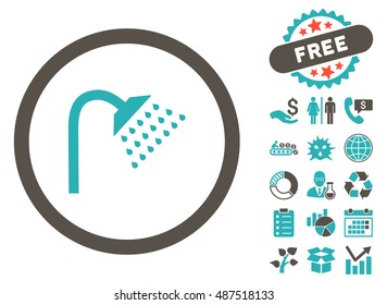 Shower icon with free bonus design elements. Vector illustration style is flat iconic bicolor symbols, grey and cyan colors, white background.