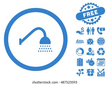 Shower icon with free bonus design elements. Vector illustration style is flat iconic symbols, cobalt color, white background.