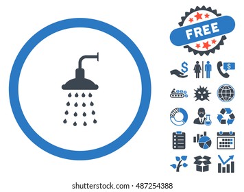 Shower icon with free bonus elements. Vector illustration style is flat iconic bicolor symbols, smooth blue colors, white background.