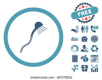 Shower icon with free bonus elements. Vector illustration style is flat iconic bicolor symbols, cyan and blue colors, white background.