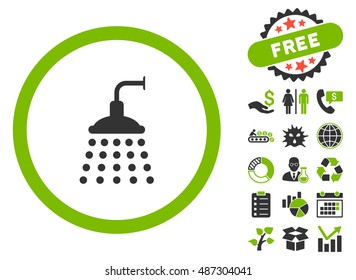 Shower icon with free bonus elements. Vector illustration style is flat iconic bicolor symbols, eco green and gray colors, white background.