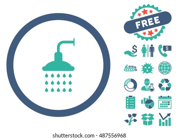 Shower icon with free bonus elements. Vector illustration style is flat iconic bicolor symbols, cobalt and cyan colors, white background.