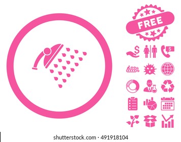 Shower icon with free bonus elements. Vector illustration style is flat iconic symbols, pink color, white background.