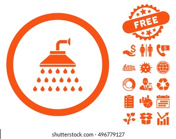 Shower icon with free bonus elements. Vector illustration style is flat iconic symbols, orange color, white background.