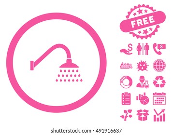 Shower icon with free bonus pictogram. Vector illustration style is flat iconic symbols, pink color, white background.