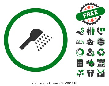 Shower icon with free bonus pictograph collection. Vector illustration style is flat iconic bicolor symbols, green and gray colors, white background.